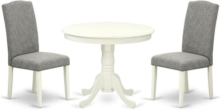 East West Furniture ANEN3-LWH-06 Antique 3 Piece Kitchen Set Contains a Round Table with Pedestal and 2 Dark Shitake Linen Fabric Parson Dining Room Chairs, 36x36 Inch - LeafyLoom