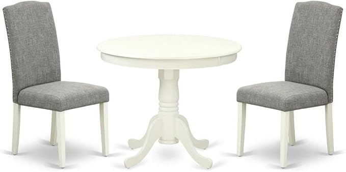 East West Furniture ANEN3-LWH-06 Antique 3 Piece Kitchen Set Contains a Round Table with Pedestal and 2 Dark Shitake Linen Fabric Parson Dining Room Chairs, 36x36 Inch - LeafyLoom