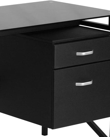 Flash Furniture Singleton Glass Desk with Two Drawer Pedestal,Black - LeafyLoom
