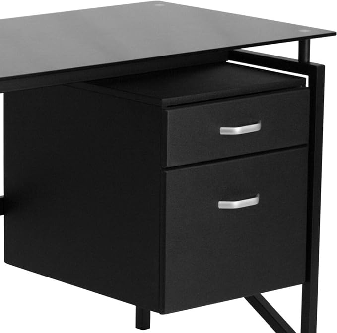 Flash Furniture Singleton Glass Desk with Two Drawer Pedestal,Black - LeafyLoom