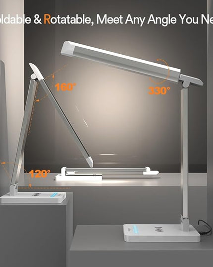 Eye-Caring LED Desk Lamp Table Lamp Reading Lamp Touch lamp with Wireless Charger and USB Port,Foldable Dimmable Small Table Desk Lamp for Living Room Bedroom Bedside Office Study,Modern White - LeafyLoom