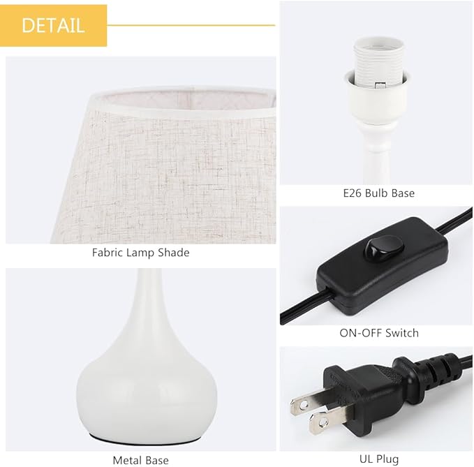 SEHERTIWY Table Lamp Set of 2, Small Bedside Lamps for Bedroom, Modern Lamp with White Fabric Shade,Nightstand Desk Lamp for Living Room Rustic Office Dorm - LeafyLoom