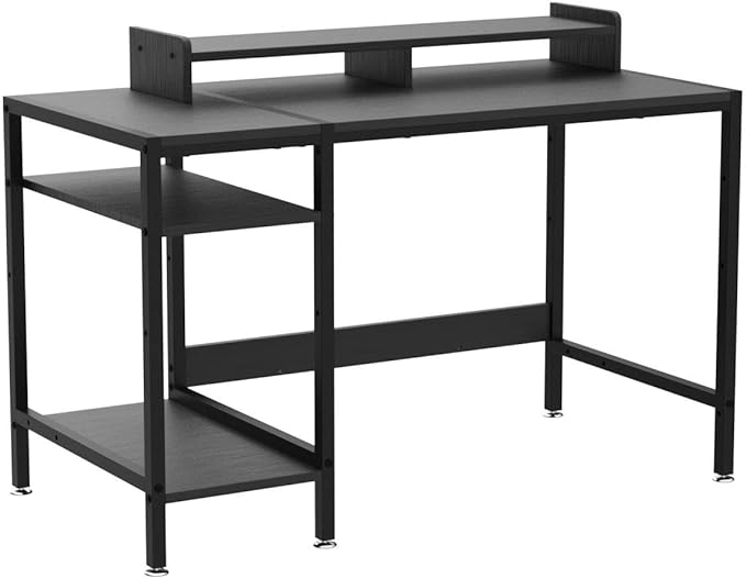Computer Desk - 38” Gaming Desk, Home Office Desk with Storage, Small Desk with Monitor Stand, Writing Desk for 2 Monitors, Adjustable Storage Space, Modern Design Corner Table, Black. - LeafyLoom