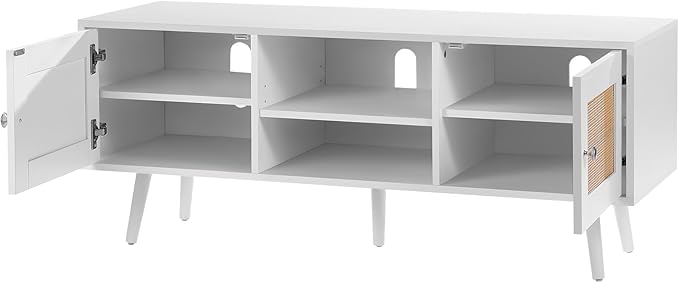 VEVOR Rattan TV Stand, Boho TV Cabinet for 55 inch TV, Mid Century Modern TV Stand, Rattan TV Console with Adjustable Shelfs for Living Room, Media Room, White - LeafyLoom