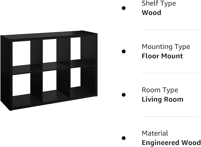 ClosetMaid 6 Cube Storage Shelf Organizer Bookshelf with Open Back, Vertical or Horizontal, Easy Assembly, Wood, Black Finish - LeafyLoom