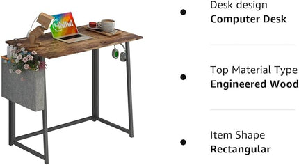 4NM 31.5" Small Desk with Storage Bag, Simple Assembly Folding Computer Desk Home Office Desk Study Writing Table for Small Space Offices - Rustic Brown and Black - LeafyLoom