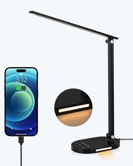 Led Desk Lamp, 3 Light Modes Table Lamp, Dimmable Reading Light For Bedroom with USB Port, Office Desk Lamp with Night Light, Auto-Off Timer Book Lights for College Dorm, Home, Office, Memory Function - LeafyLoom