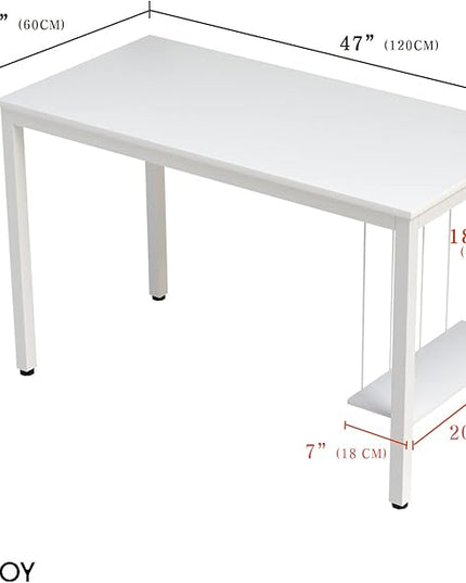 White Computer Desk 47" Writing Desk Study Table with CPU Storage Shelf for Home Office, Workstation, Office, Gaming Room- Sturdy Stable White Metal Frame - LeafyLoom