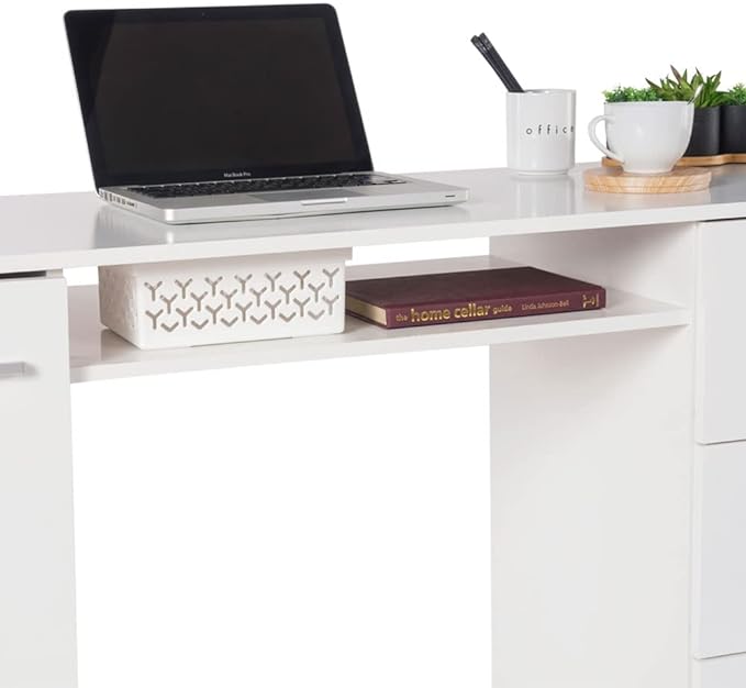 Madesa Computer Desk with 3 Drawers, 1 Door and 1 Storage Shelf, Wood Writing Home Office Workstation, Office Desk with Drawers - 30” H x 18” D x 53” W - White - LeafyLoom