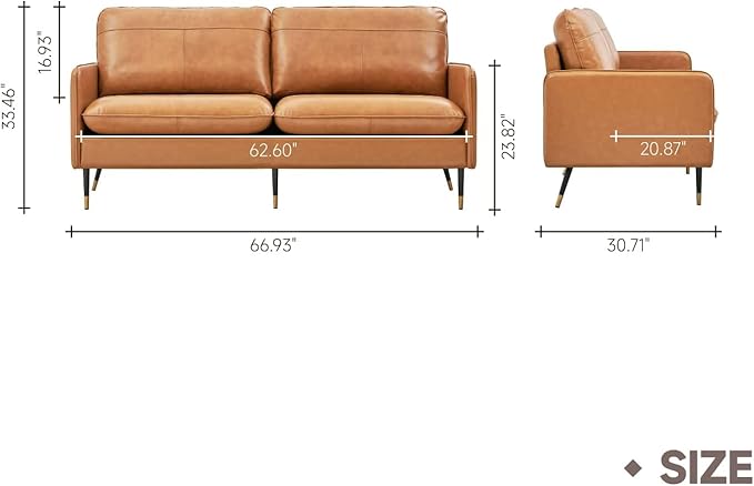 67" Top-Grain Leather Sofa, 2 Seater Loveseat Couch, Mid-Century Modern Leather Couch for Living Room Bedroom Apartment Office, Cognac Tan - LeafyLoom