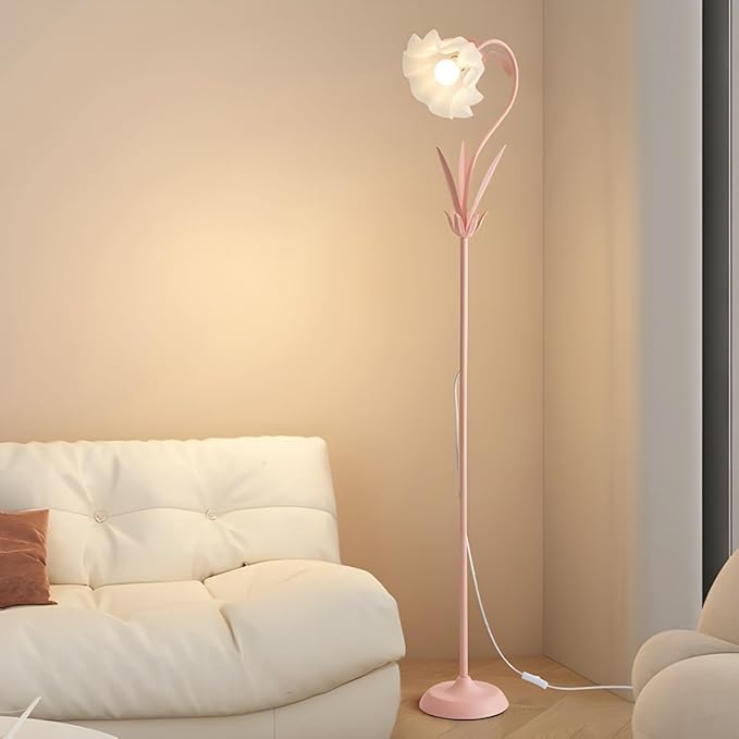 OTTOSON Modern Flower Shape Floor Lamp, Macaron Pink 1-Light Iron Standing Light Cute Floral Lamp with Acrylic Shade Arc Tall Lamp for Living Room Corner Bedroom Kids Room - LeafyLoom