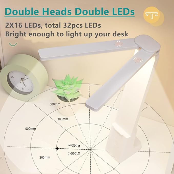 LED Double Head Desk Lamp for Home Office,Portable Small Desk Lamp with Large Lighting Range, Battery Operated Rechargeable Desk Light for Kids, Reading,Studying,Home,Office,Dormitory,Blue - LeafyLoom