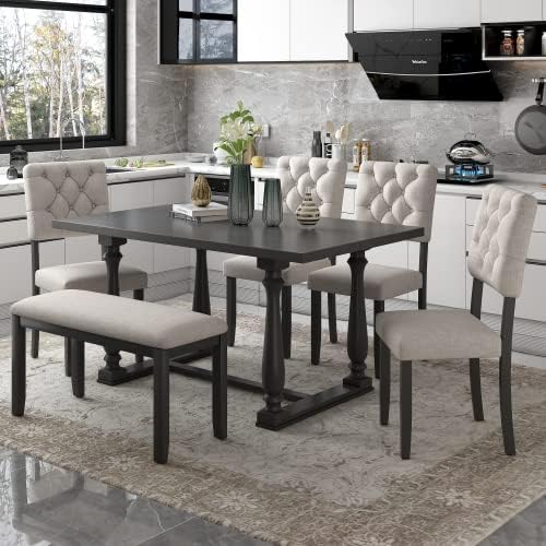 6-Piece Wooden Rectangular Dining Set with 4 Bench, Table with Special-Shaped Legs, Four Fabric Upholstered Tufted Chairs,Modern Industrial Style (Gray) - LeafyLoom