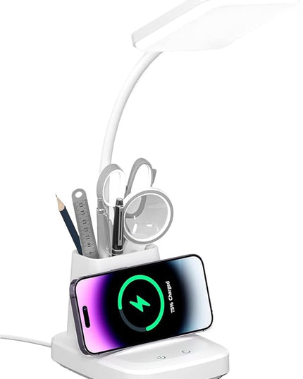LED Desk Lamp with Wireless Charger for Home Office, Small with Pen Holder, 800LM,3 Color Modes,Gooseneck, Eye-Caring White Desk Lamps for Home College Dorm Room - LeafyLoom