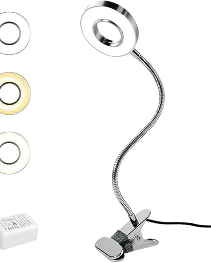 LED Reading Light, Dimmable Clamp Light for Bed Headboard, Bedroom, Office, 3 Modes & 9 Dimming Levels, Flexible Clip Desk Lamp, Adapter Included (Mattesilver) - LeafyLoom