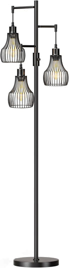Dimmable Floor Lamp, 3 x 800LM LED Edison Bulbs Included, Farmhouse Industrial Floor Lamp Standing Tree Lamp with Elegant Cage Tall Lamps for Living Room Bedroom Office - Black - LeafyLoom