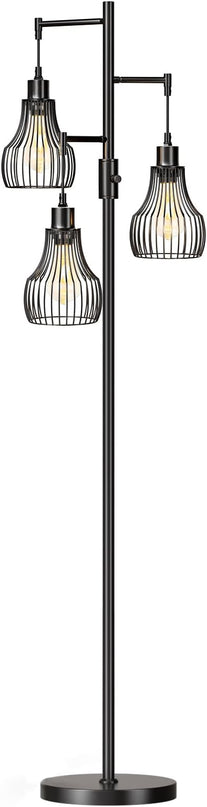 Dimmable Floor Lamp, 3 x 800LM LED Edison Bulbs Included, Farmhouse Industrial Floor Lamp Standing Tree Lamp with Elegant Cage Tall Lamps for Living Room Bedroom Office - Black - LeafyLoom