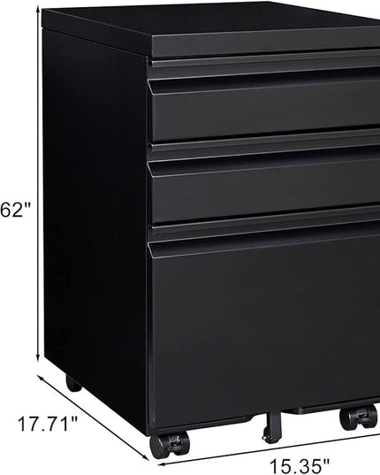 3-Drawer Mobile Lock and 5 Casters,Pre-Assembled Metal Office Storage Filing Cabinets w/ 1 Removable Hanging Rods,for Legal/Letter Size,Black - LeafyLoom