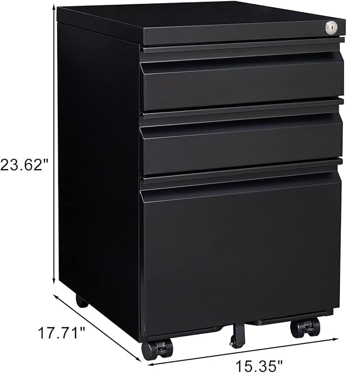 3-Drawer Mobile Lock and 5 Casters,Pre-Assembled Metal Office Storage Filing Cabinets w/ 1 Removable Hanging Rods,for Legal/Letter Size,Black - LeafyLoom