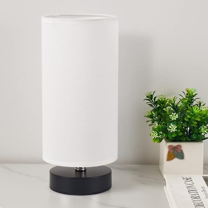Table Lamp, Bedside Nightstand Lamp, Simple Desk Lamp, Cylinder Table Lamp for Bedroom Living Room Office Study, White Shade and Black Base - LeafyLoom