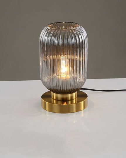 Bedside Table Lamp Mid Century Glass Table Lamps Modern Globe Table lamp Gold Desk lamp nightstand lamp with Pumpkin Design with Ribbed Glass Shade for Bedroom Living Room Office (Smoke gray) - LeafyLoom