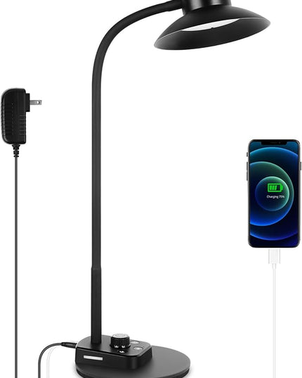 LED Desk Lamp for Office Home, Dimmable Reading Light with USB Charging Ports, Bedside Lamp with 5 Color Modes & Stepless Dimming, 360° Flexible Gooseneck Table Lamp(Adapter Included) - LeafyLoom