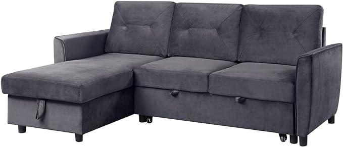 RITSU L Shape Convertible Sectional Sofa with Storage chaise and Pull out Bed, Upholstered Backrest, Velvet Reversible Corner 3 Seater couch for Living Room, Apartment, Dark Gray, 83inch - LeafyLoom