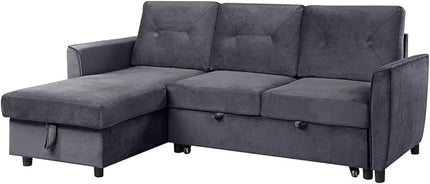 RITSU L Shape Convertible Sectional Sofa with Storage chaise and Pull out Bed, Upholstered Backrest, Velvet Reversible Corner 3 Seater couch for Living Room, Apartment, Dark Gray, 83inch - LeafyLoom