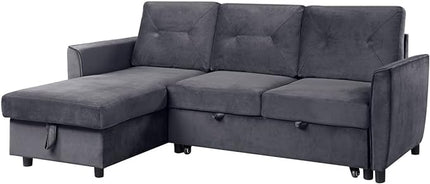 RITSU L Shape Convertible Sectional Sofa with Storage chaise and Pull out Bed, Upholstered Backrest, Velvet Reversible Corner 3 Seater couch for Living Room, Apartment, Dark Gray, 83inch - LeafyLoom