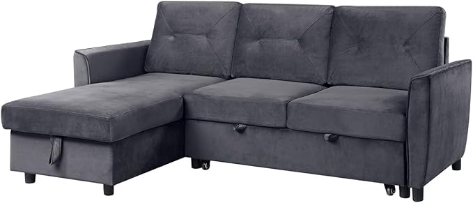 RITSU L Shape Convertible Sectional Sofa with Storage chaise and Pull out Bed, Upholstered Backrest, Velvet Reversible Corner 3 Seater couch for Living Room, Apartment, Dark Gray, 83inch - LeafyLoom