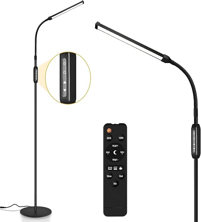 Bright LED Floor Lamp for Eyelash Extensions Adjustable Gooseneck Standing Eyelash Light Dimmable lash LED Lamp for Facial Spa Salon Makeup Reading Floor Lamp for Bedroom Office Black - LeafyLoom