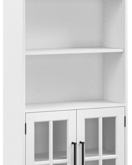 Bush Furniture Westbrook Tall 5 Shelf Bookcase with Glass Doors in White Ash | Farmhouse Bookshelf Cabinet for Living Room and Home Office - LeafyLoom