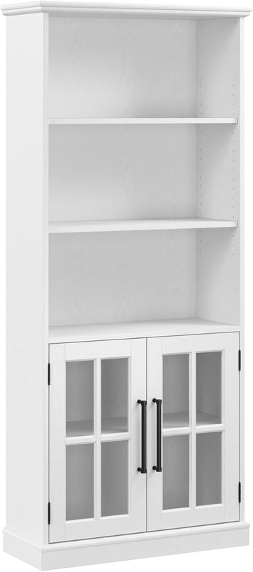 Bush Furniture Westbrook Tall 5 Shelf Bookcase with Glass Doors in White Ash | Farmhouse Bookshelf Cabinet for Living Room and Home Office - LeafyLoom