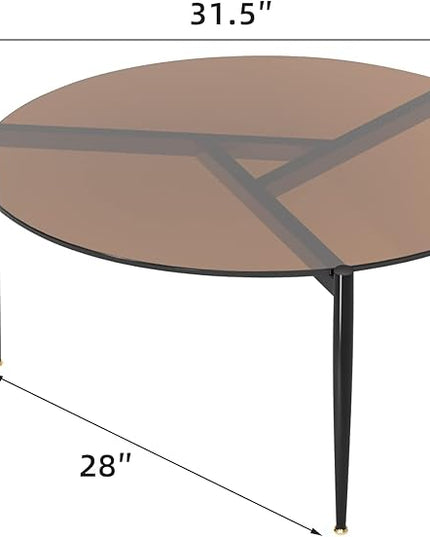 Round Tempered Glass Table: 31.5 inch Large Circle Top Storage Shelf with Metal Frame, Modern Coffee Table Center Desk Luxury Furniture for Living Room, Brown - LeafyLoom