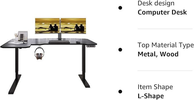 Adjustable Height L-Shaped 59 Inch Electric Standing Desk - Sit Stand Computer Desk, Stand Up Desk Table for Home Office, Black Frame and Top - LeafyLoom