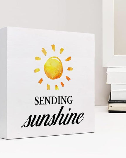 Sending Sunshine Wood Block Sign Desk Decor,Rustic Inspirational Wooden Box Plaque Sign Desk Decor for Home Office Shelf Table Decorations - LeafyLoom