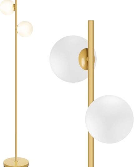 Mid Century Modern 2 Frosted Glass Globe Floor Lamp for Living Room,Contemporary LED Standing Light, Gold Corner Pole Office Bedroom, Study Room, Hotel, Antique Brass Lighting - LeafyLoom