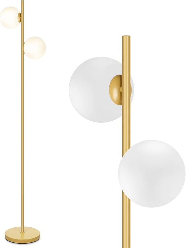 Mid Century Modern 2 Frosted Glass Globe Floor Lamp for Living Room,Contemporary LED Standing Light, Gold Corner Pole Office Bedroom, Study Room, Hotel, Antique Brass Lighting - LeafyLoom