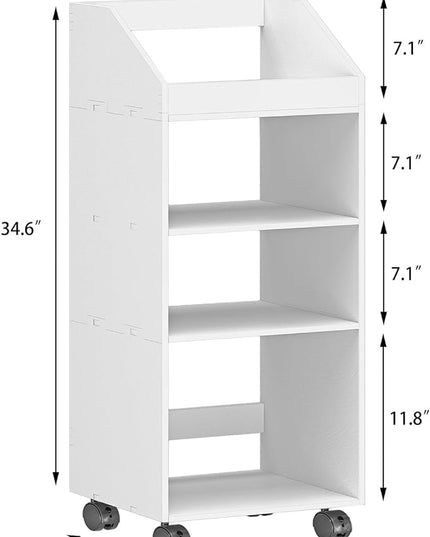 4-Tier Mobile Bookshelf, White Bookcase with Wheels, Rolling File Holder Desk File Book Organizer for Home Office Living Room School - LeafyLoom