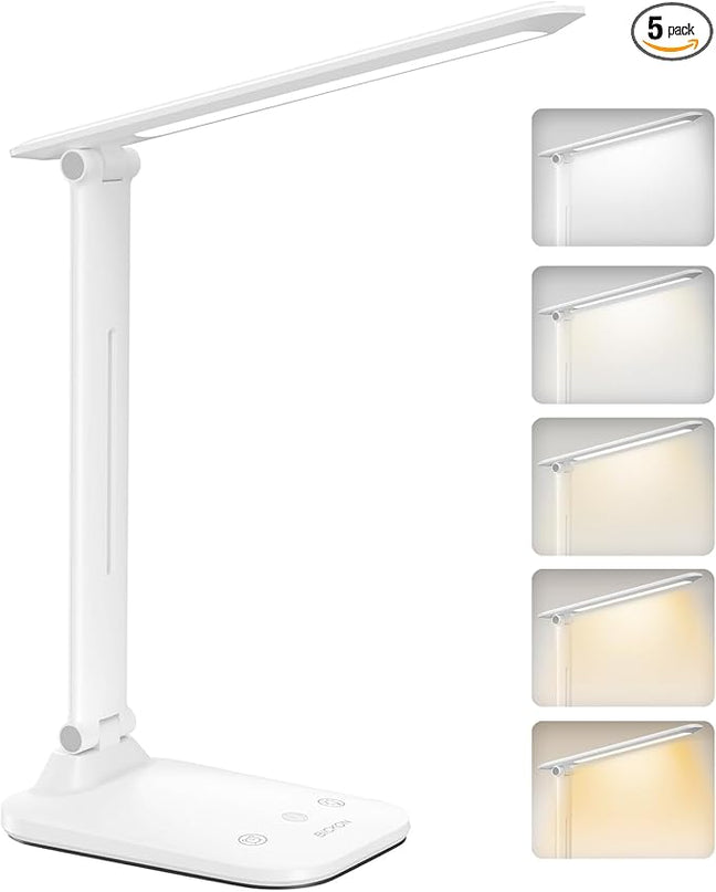 LED Desk Lamp Foldable, 5 Lighting Colors and 100%~15% Brightness Levels Office Lamp, Touch Control and USB Powered Reading Lamp, Eye-Caring Table Lamp for Read,Work,Study,Sew,Makeup,Manicurist - LeafyLoom
