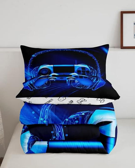 Gamer Bedding Set Kids Video Game Gamepad Comforter Set for Boys Teens Gaming Headset Comforter Breathable Blue Game Controller Duvet Set Room Decor Quilt Set Full Size - LeafyLoom