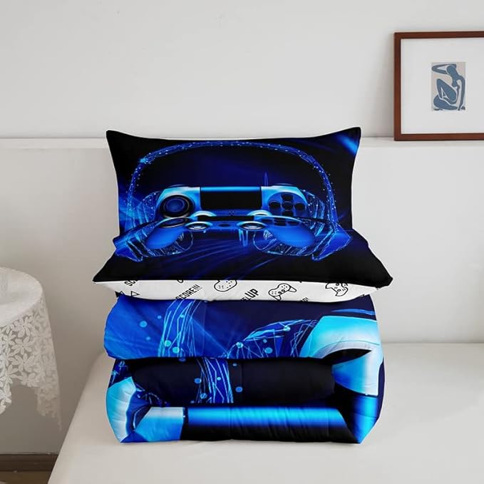 Gamer Bedding Set Kids Video Game Gamepad Comforter Set for Boys Teens Gaming Headset Comforter Breathable Blue Game Controller Duvet Set Room Decor Quilt Set Full Size - LeafyLoom