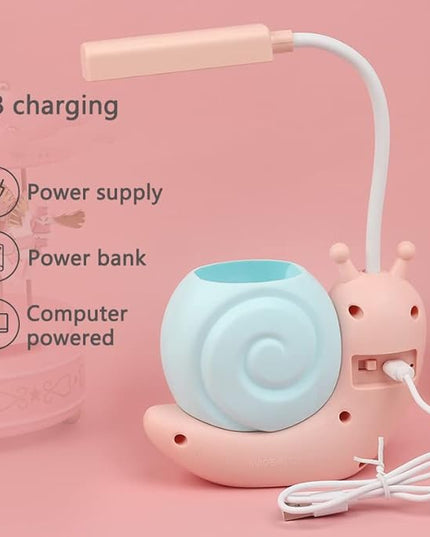 Cute Kids Lamp with Pen Holder,LED Desk Lamp for Child,Snail Shape USB Charging Student Learning Eye Protection Lamp with 360° Bendable Adjustable Neck Pink - LeafyLoom