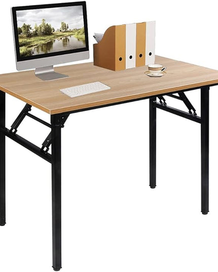 SDHYL 39 inchesNo Assembly Foldable Computer Desk for Home Office Workstation, Study and Writing, Teak Board and Black Leg - LeafyLoom