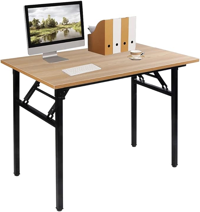 SDHYL 39 inchesNo Assembly Foldable Computer Desk for Home Office Workstation, Study and Writing, Teak Board and Black Leg - LeafyLoom