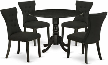 East West Furniture Dublin 5 Piece Kitchen Set Includes a Round Room Table with Dropleaf and 4 Black Linen Fabric Parsons Dining Chairs, 42x42 Inch, DLGA5-ABK-24 - LeafyLoom
