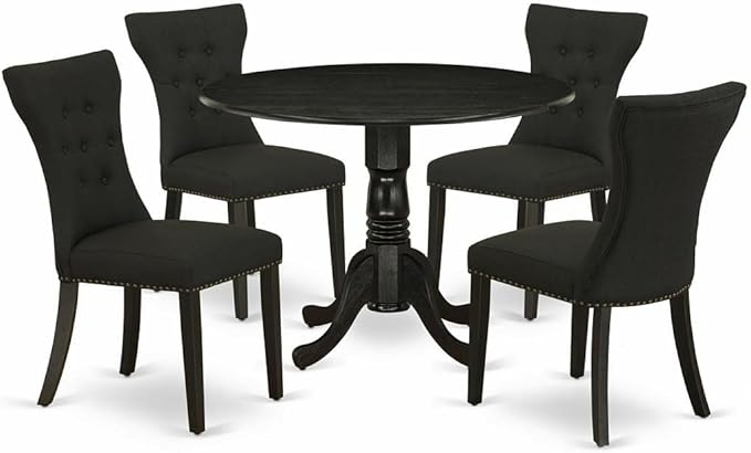 East West Furniture Dublin 5 Piece Kitchen Set Includes a Round Room Table with Dropleaf and 4 Black Linen Fabric Parsons Dining Chairs, 42x42 Inch, DLGA5-ABK-24 - LeafyLoom
