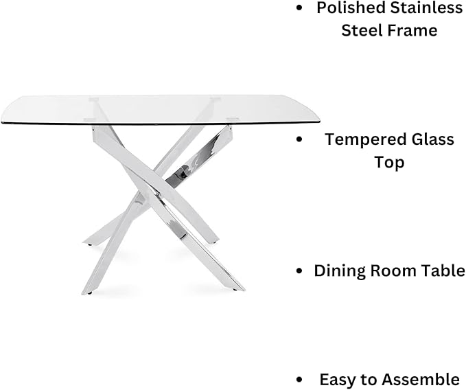 Uptown Club Glass Dining Table with Versatile Rectangular Designs, Tempered Surfaces, and Sturdy Bases for Modern Homes, Seats 4 to 8 People, Elegant Statement Piece, 51" x 32" Metallic - LeafyLoom