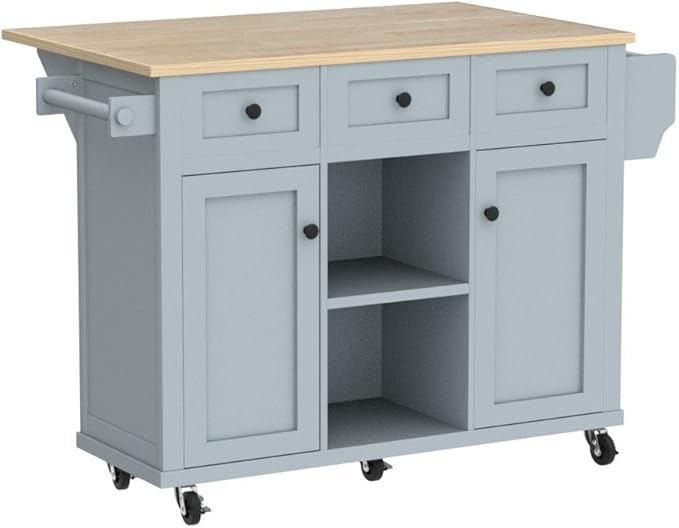 Cart with Drop-Leaf Countertop, Kitchen Island on 5 Universal Wheels with Open Shelves, Storage Cabinet and 3 Drawers, Large Rubberwood Top Breakfast Bar for Dining Room, 53.1 Inch, Grey Blue 5 - LeafyLoom