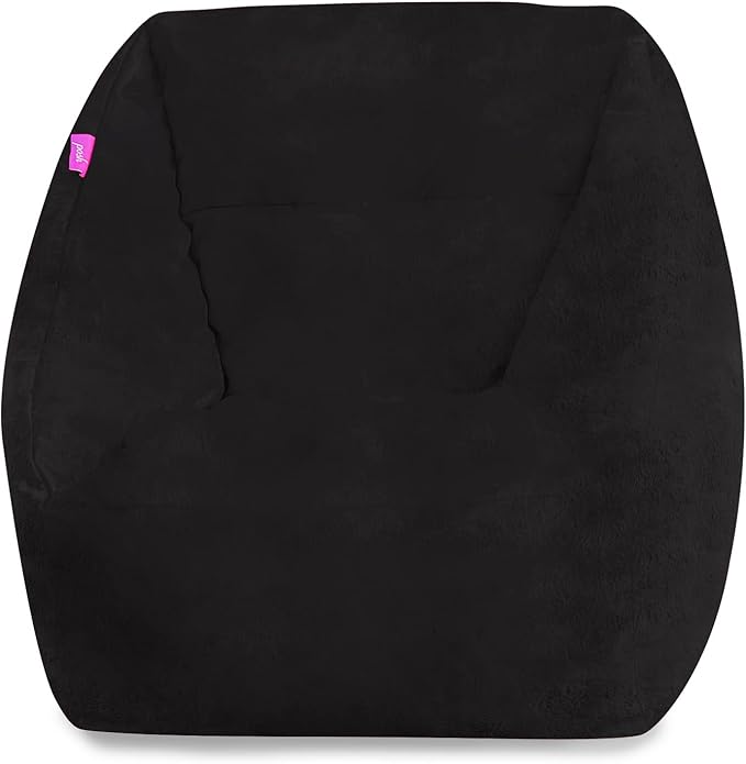 Posh Creations Structured Comfy Bean Bag Chair for Gaming, Reading, and Watching TV, Coronado Chair, Rabbit Fur - Black - LeafyLoom